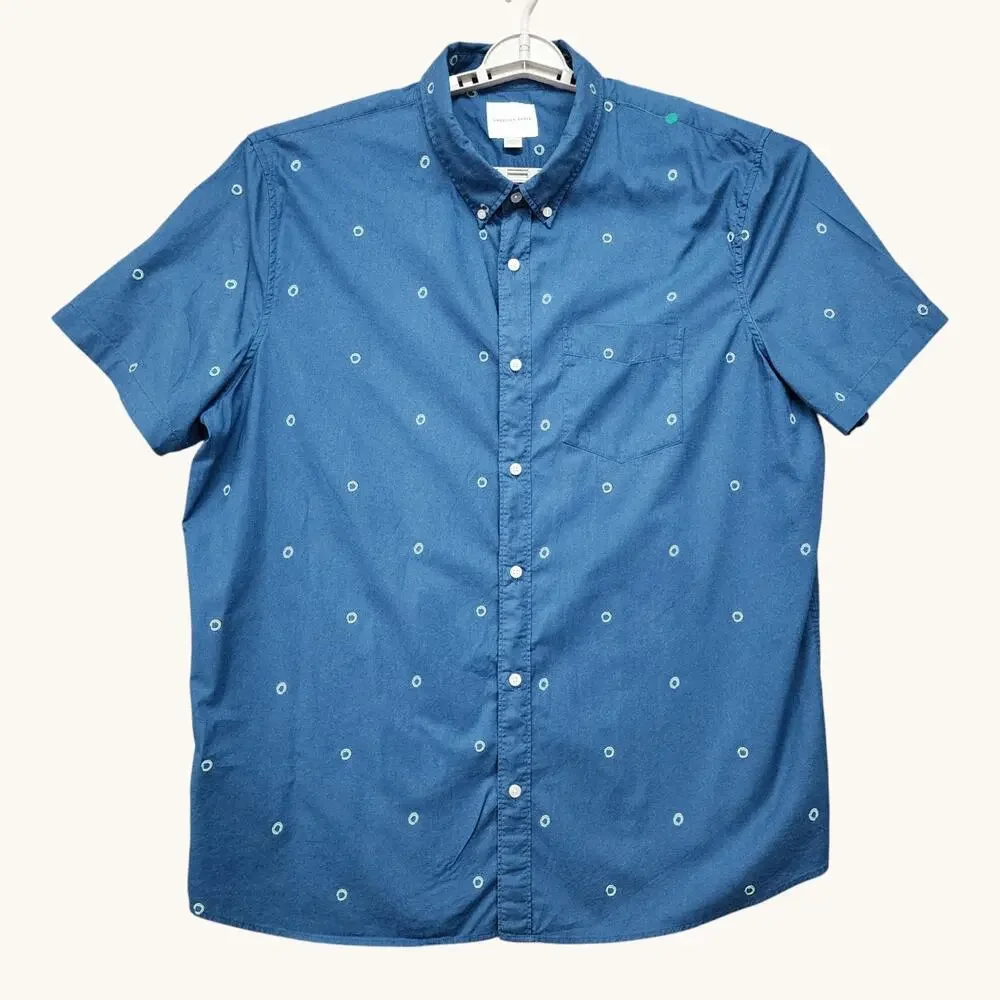 American Eagle Mens XXXL Button Down Shirt Blue Circle Print Short Sleeve Cotton - Picture 3 of 9